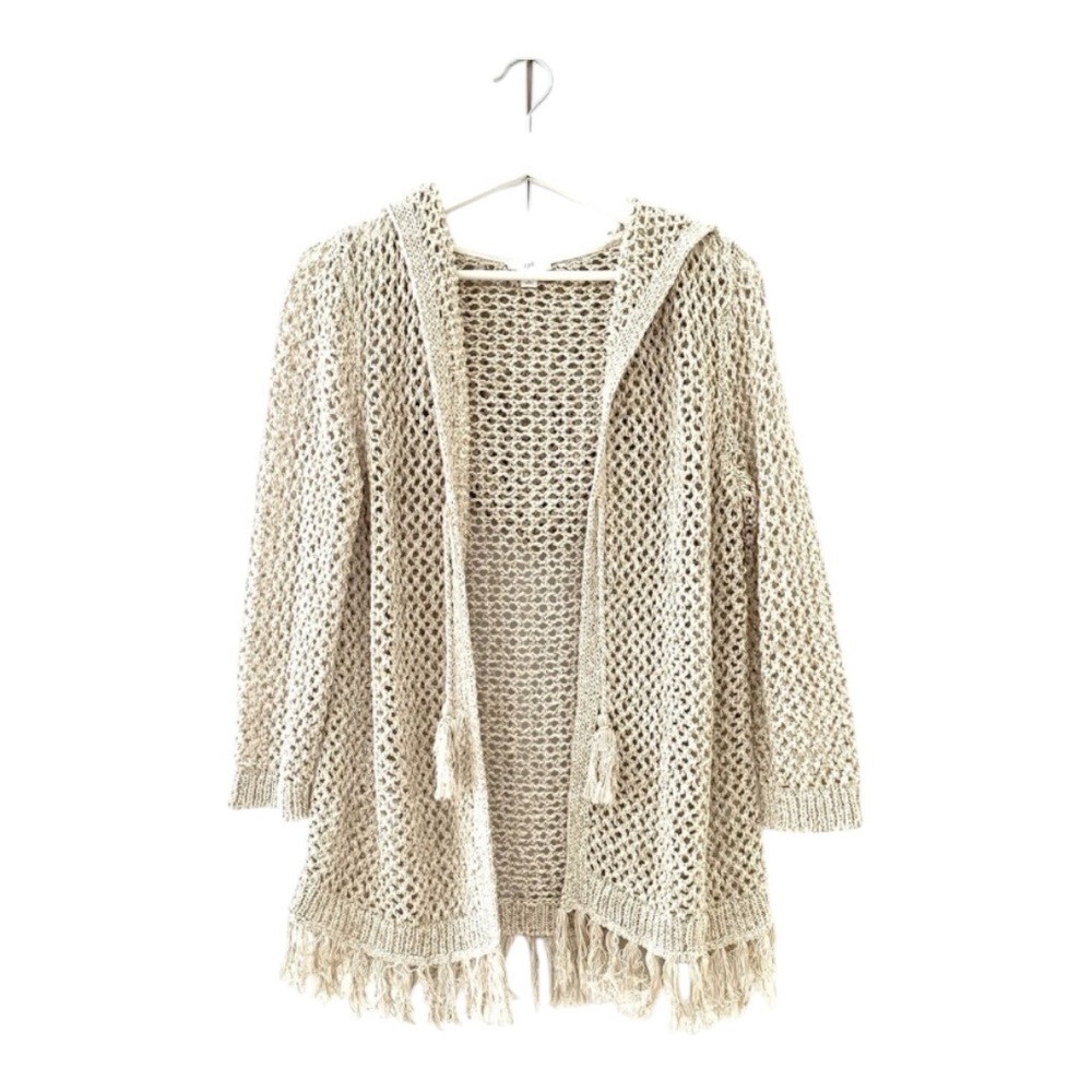 J.Jill Beige Open Flax Knit Fringe Cardigan Sweater Hood Tie Front Size M - Picture 4 of 10